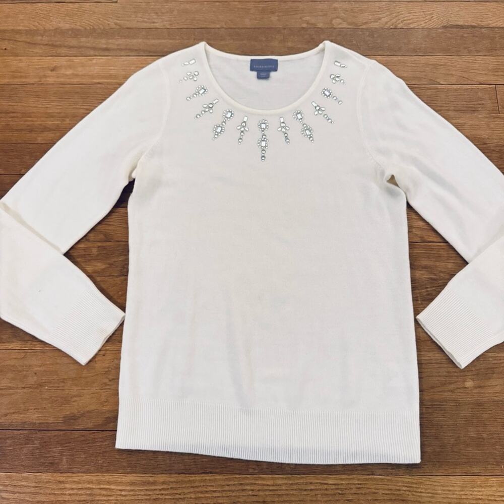 Laura Scott White Long Sleeve Crewneck Rhinestone Studded Sweater Top Sz M
b7